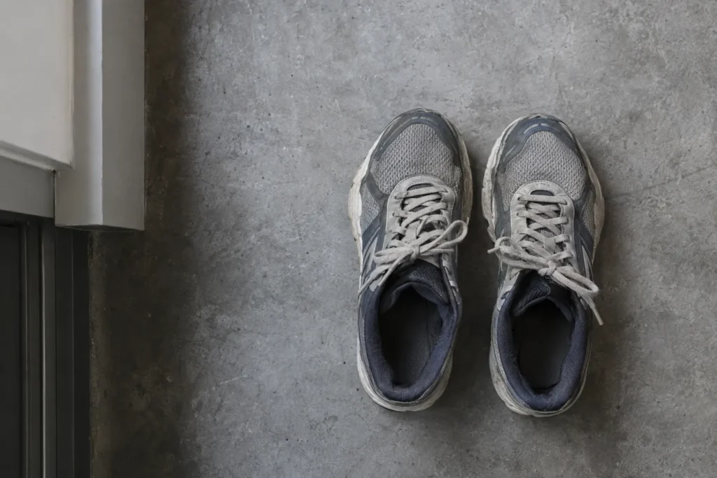Paire de chaussures de sport usées posées côte à côte sur un sol gris.