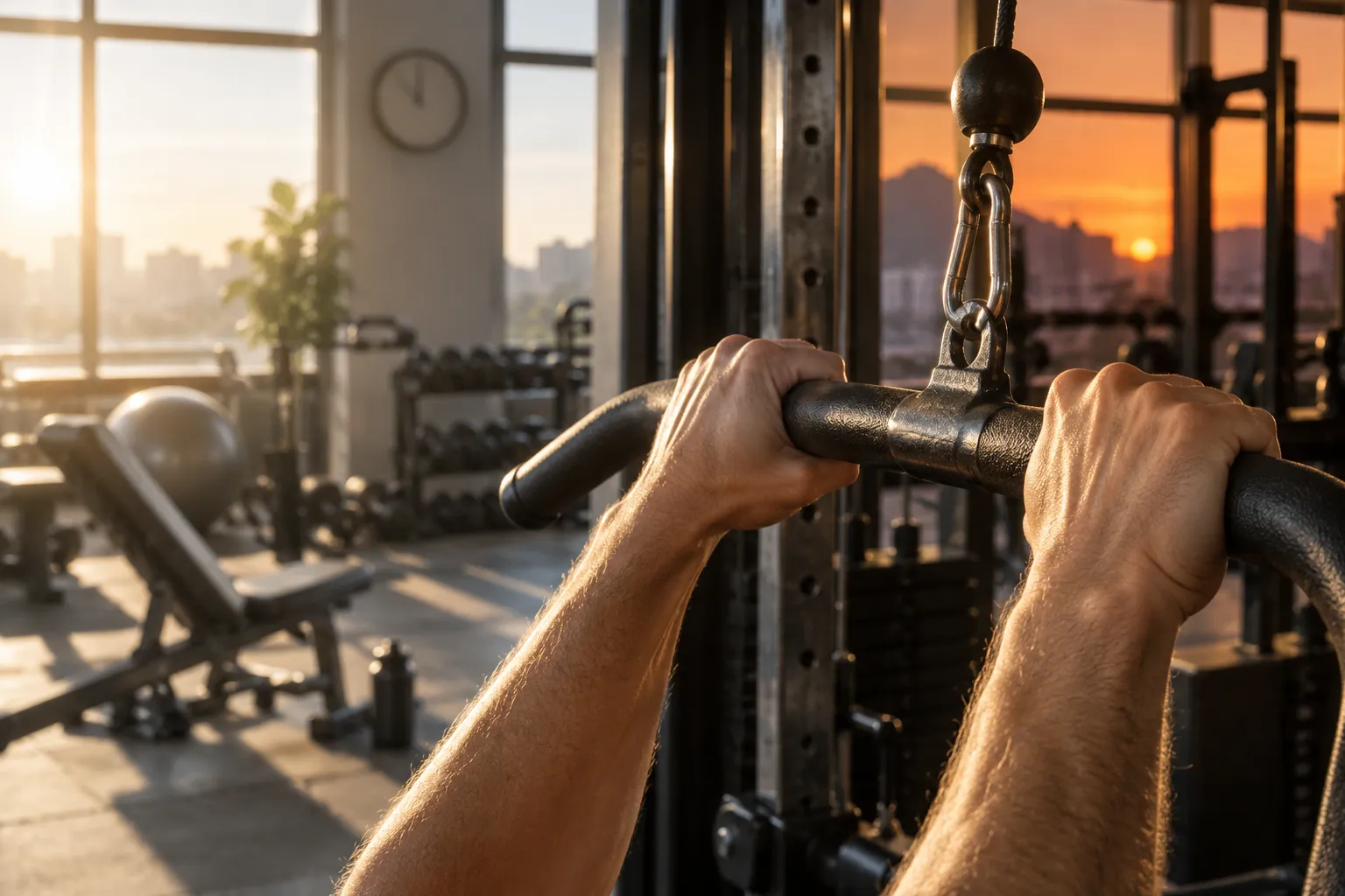 Personne faisant des tractions sur une barre de traction dans une salle de sport au lever ou coucher du soleil.