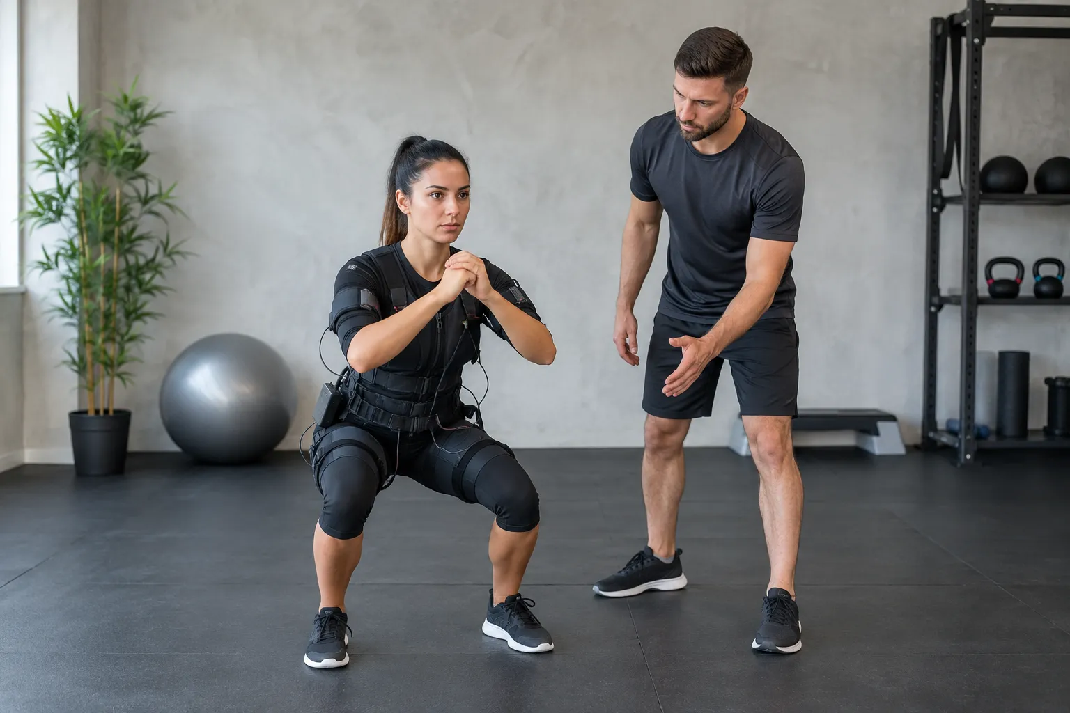 Personne en train de faire un squat guidée par un coach dans une salle de sport.