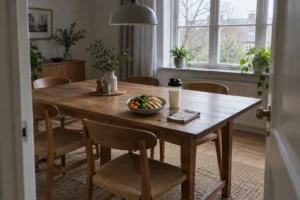 Repas sain sur une grande table en bois avec plat de légumes et boisson, dans une cuisine lumineuse.