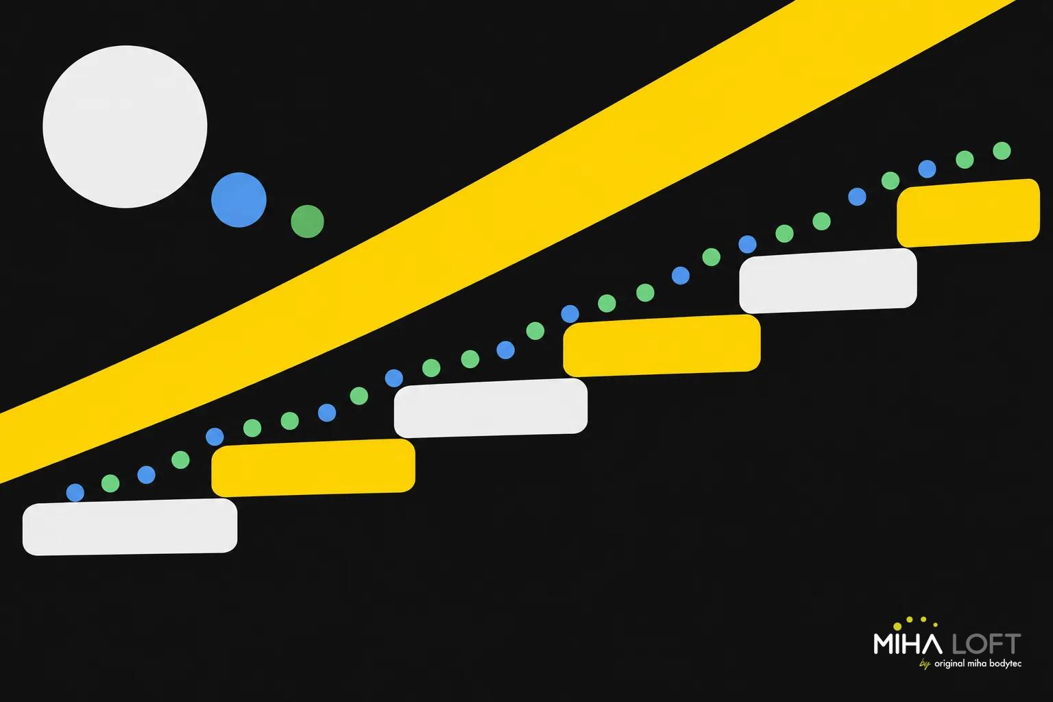 Représentation abstraite d’un chemin en escalier avec des marchepouts jaunes et blanches et des points bleus et verts le