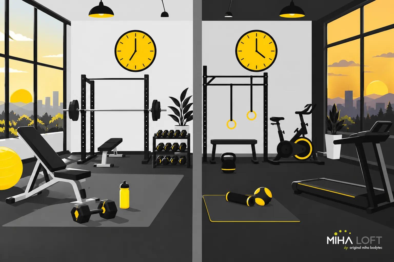 Salle de sport moderne avec matériel d’entraînement et horloge arborant des chiffres jaunes.