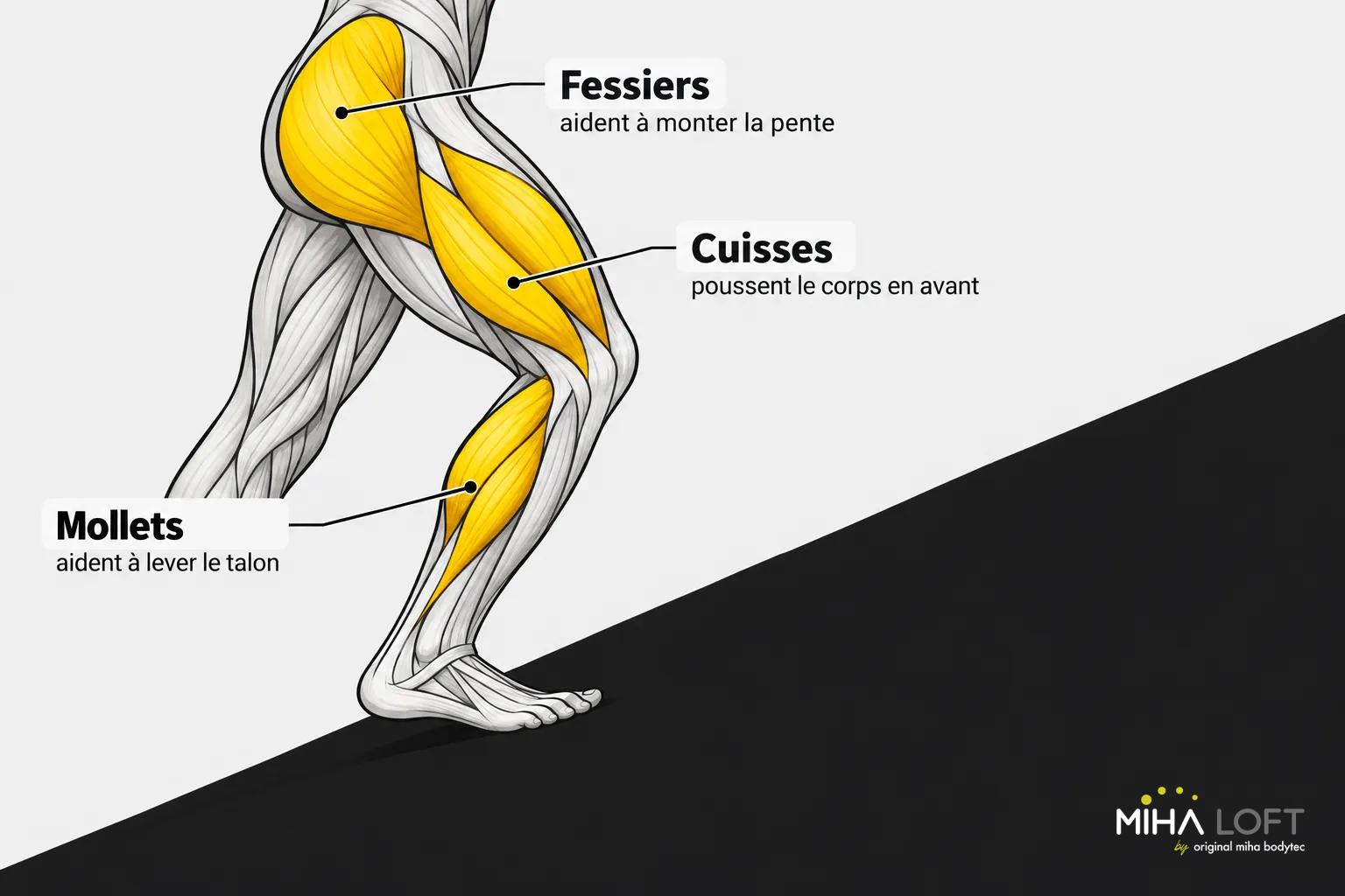 Texte alt: Shéma montrant les muscles fessiers, cuisses et mollets sollicités lors de la marche sur pente.