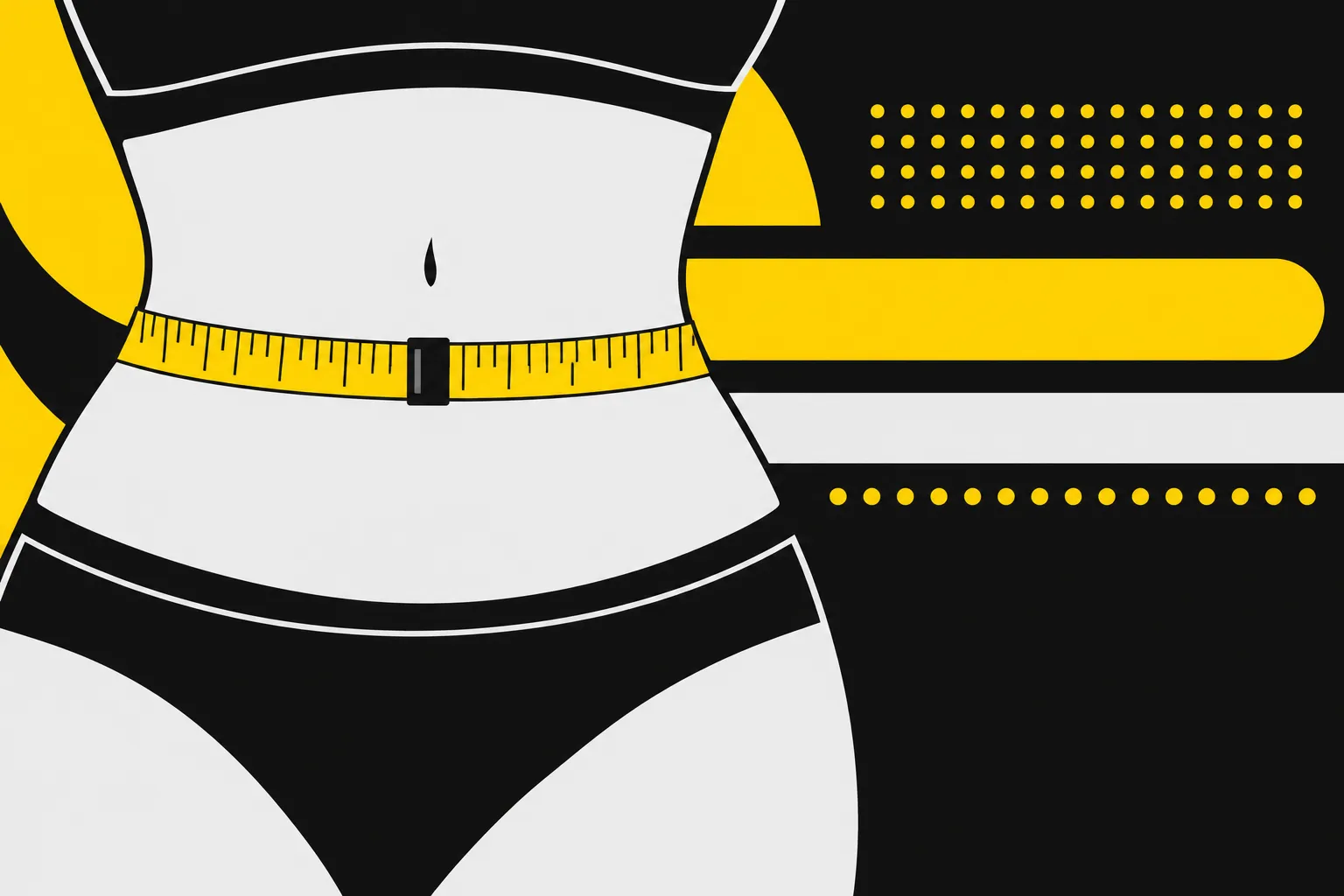 Torse et taille d'une silhouette féminine en maillot de bain noir, avec un mètre ruban jaune autour de la taille.